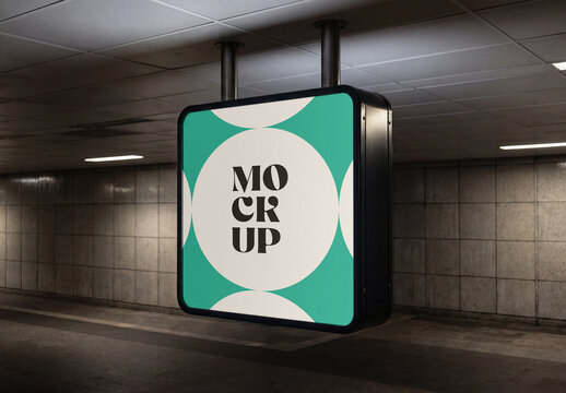 Square Hanging Lightbox Billboard Mockup in Subway Station Corridor