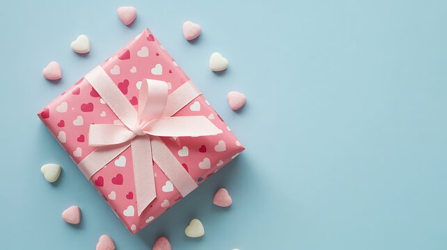 A gift box wrapped in pink paper with hearts and a ribbon surrounded by candy hearts on a blue surface