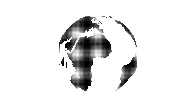 Minimalist 3D rotating Earth globe made of black dots on white background with alpha channel. Seamless loop of a digital world map for business, technology, and global communication concepts.
