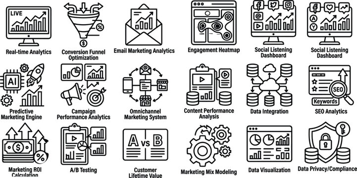 Digital Marketing Analytics, SEO Optimization, Social Media Dashboard and AI Marketing Line Icons Set