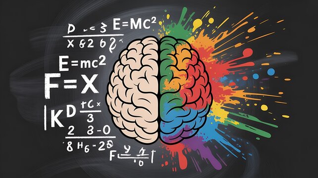 Brain with colorful neurons and math equations on blackboard background