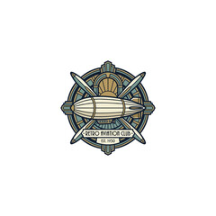 Art Deco Retro Aviation Club Badge Featuring A Zeppelin Airship, Crossed Propeller Blades, Sunburst Rays And A 1930s Style Banner Ribbon, Designed As A Vector Illustration © enola