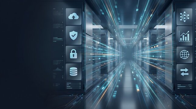 Abstract digital data flow in a server room with glowing blue lines