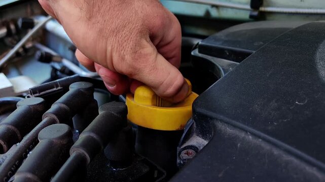 Hand removing oil filler cap in engine compartment, vehicle maintenance procedure, automotive service, mechanical reliability.