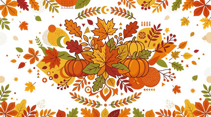 Fototapeta premium Autumn Harvest Decor: Pumpkins, Leaves, and Geometric Patterns