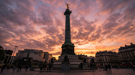 Polished July Column monument stands tall at Place de la Bastille during a vibrant sunset in Paris, France with golden statue and dramatic sky