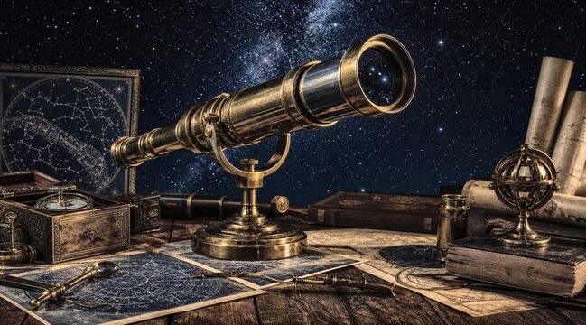 Antique Brass Telescope Under Starry Night Sky Atmosphere