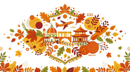Obraz premium Autumn Travel Collage: Landmarks, Leaves, Airplane, Fruits