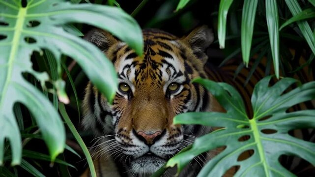 Tiger peering through tropical green leaves in the jungle.