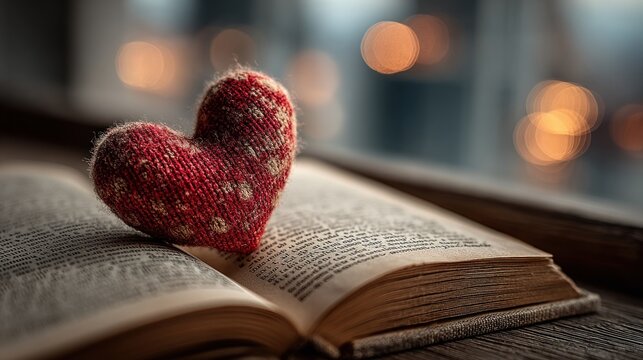 Knitted heart on top of an open book love background