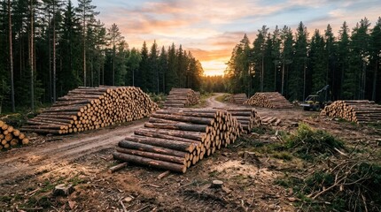 Fototapeta premium A logging operation takes place in a dense forest. Several stacks of logs are neatly arranged on a dirt road, awaiting transport.