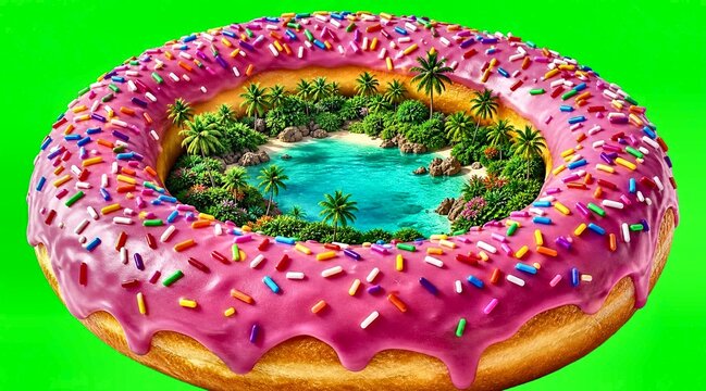 Surreal Pink Donut with Tropical Island Oasis Inside Green Background