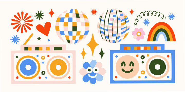 Retro party elements illustration with disco balls boomboxes and floral motifs