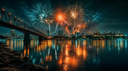 Vibrant Fireworks Display Over City Skyline and River Bridge at Night