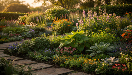 Obraz premium Stone Garden Pathway Surrounded by Colorful Blooming Flowers