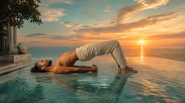 Man practicing yoga bridge pose at sunset infinity pool