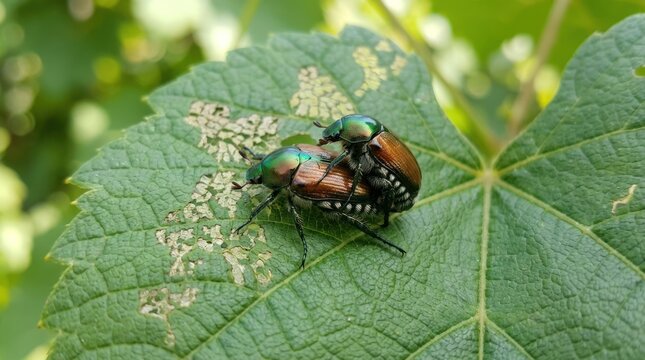 Two iridescent green jewel beetles are mating on a vibrant green leaf. The beetles are positioned closely together, touching with their legs.