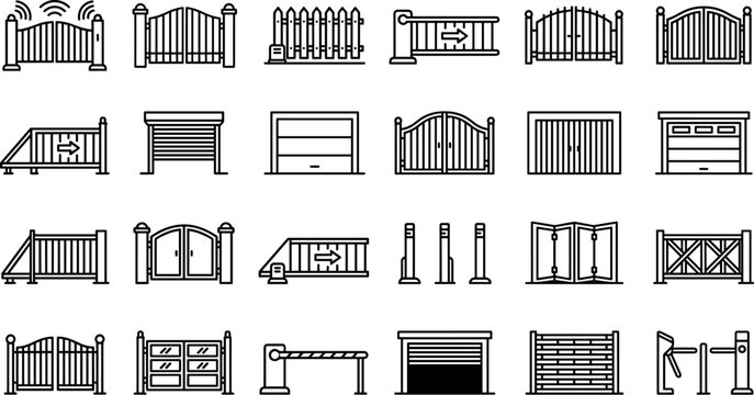 Automatic Gate and Security Barrier Line Icon Set Featuring Garage Roll Doors Driveway Gates Bollards Turnstiles and Sliding Fences