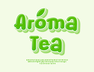 Naklejka premium Vector Healthy badge Aroma Tea. Creative Handwritten Font. Cute Green 3D Alphabet Letters and Numbers set.