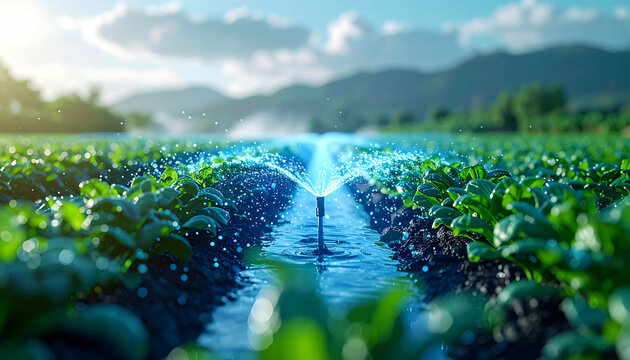Smart irrigation sprinkler watering crop field in green farm landscape with fresh water spray and mountain background