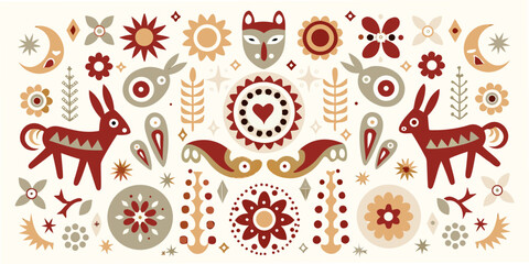 Folk Art Floral Ornament With Animal Motifs Vector Illustration © Ganesh