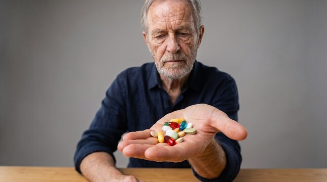 Senior man holds multiple medication pills and capsules in his hand. Healthcare scene conveys prescription treatment, polypharmacy risk and medication management.