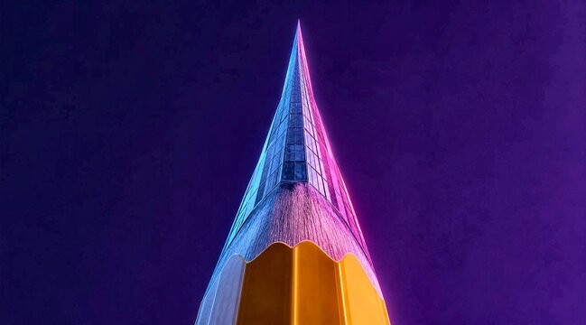 Modern conceptual pencil skyscraper building under purple neon sky