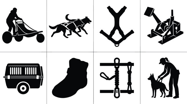 Set of black and white icons representing dog mushing equipment, sled racing gear, dog harnesses, and active mushing silhouettes.