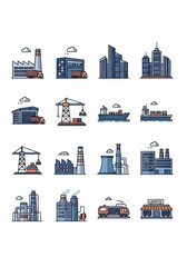 Obraz premium Industrial and Logistics Icon Set Featuring Factories, Warehouses, Cargo Ships, and Urban Infrastructure in Flat Design Style