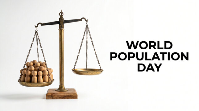 World Population Day concept with wooden figures on brass scales, imbalance of human resources on weight scale, global demographics and overpopulation