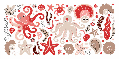Marine Life Illustration Octopuses Starfish Shells And Coral In Red Tones © Ganesh
