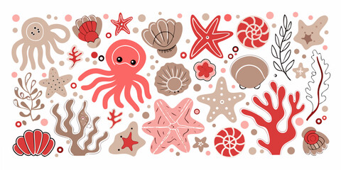 Coral Reef Illustration With Marine Life And Shells Vector Style © Ganesh