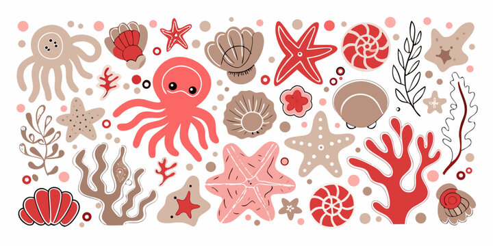 Coral Reef Illustration With Marine Life And Shells Vector Style