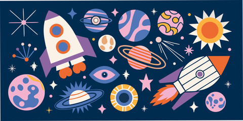 Cosmic Scene With Planets Rockets And Sun Vector Illustration © Ganesh