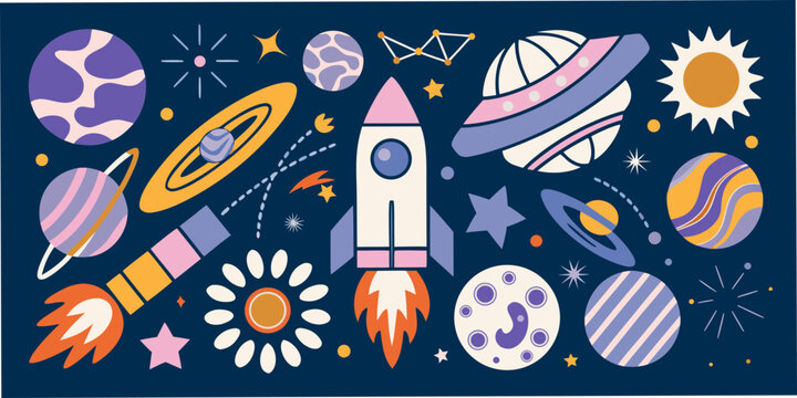 Cosmic Scene With Planets Rocket And Sun Vector Illustration