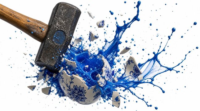 Hammer Smashes Ceramic Bowl with Blue Paint Splash on White