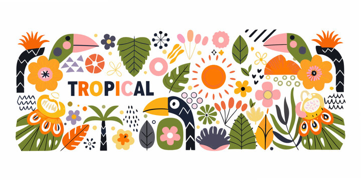 Tropical floral ornament with parrots and palm leaves vector illustration