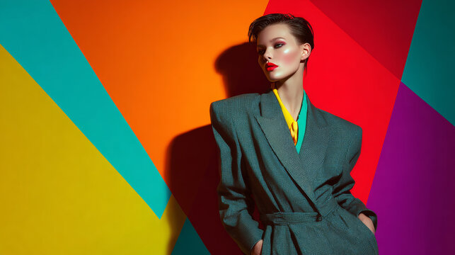 Fashion model posing in a power suit with bold shoulder pads on colorful geometric background, sharp flash photography vogue 80s style retro look