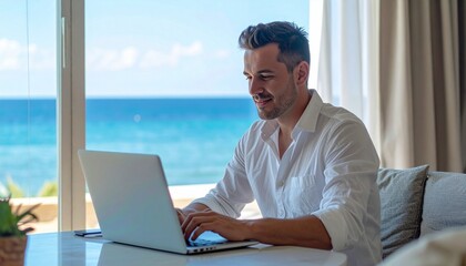 Fototapeta premium a smart worker professional businessman working at the laptop in a living room office with a large window and a sea view on background