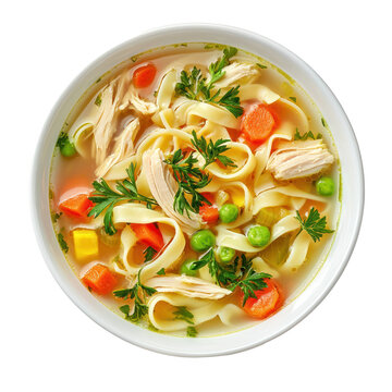 A close-up of chicken noodle soup, with tender noodles and vegetables. full length isolate on transparent background