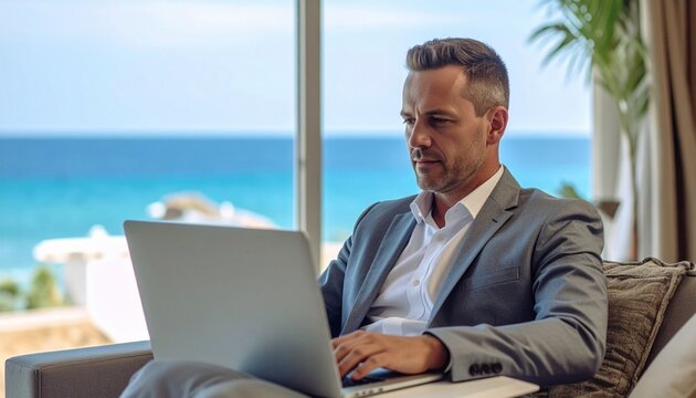 a fifty man with short white hair in a grey blazer and white shirt sitting and  smart working at the desk in the office with a large window on a tropical beach