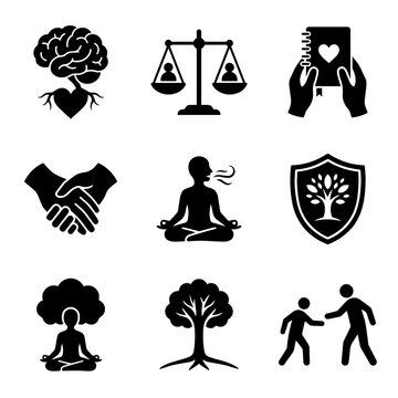 Set of black mental health and wellness featuring brain, heart, scale, tree, and handshake symbols on a white background