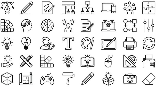 Creative design process and artistic workflow linear icon set collection.