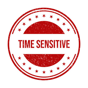 Red round rubber stamp with time sensitive text for business documents