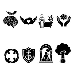 Fototapeta premium Set of eight black flat featuring brain health, meditation, relaxation, teamwork, and protection symbols on a white background