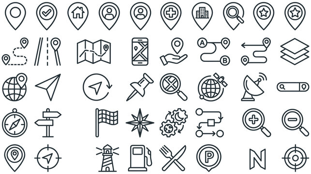 Location pin and map navigation linear icon set for travel and logistics.
