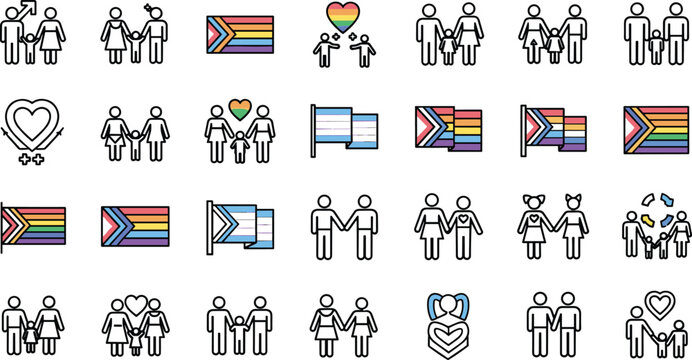 Lgbtq community and gender diversity vector icons, showcasing marriage equality, nonbinary identity, parental love, and rainbow pride flags isolated on white