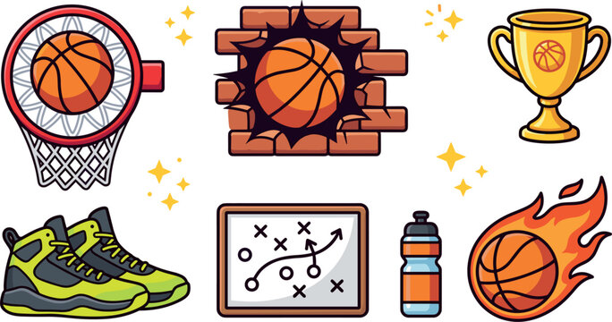 Basketball Championship Vector Icon Set Featuring Swish Hoop, Brick Wall Smash, Golden Trophy, Sneakers, Strategy Playboard, and Fireball Graphics