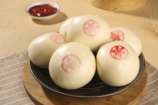 Traditional Chinese Steamed Buns with Red Stamps and Sauce - Henan Shandong Cuisine