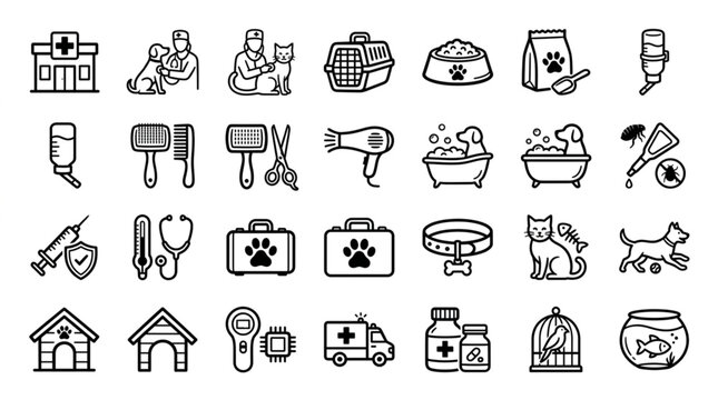 Collection of veterinary and pet care icons for illustration.